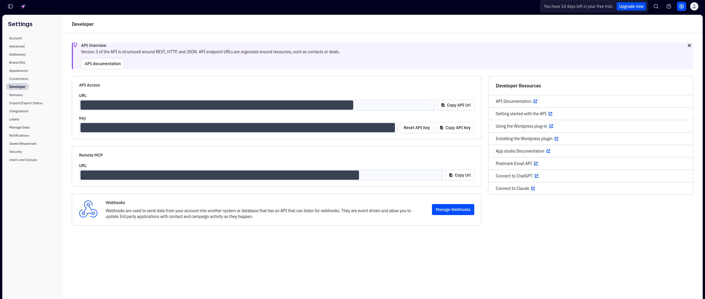 ActiveCampaign Developer settings page showing the API Access URL and Key