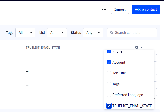 Enabling the TRUELIST_EMAIL_STATE column from the ActiveCampaign contacts column dropdown