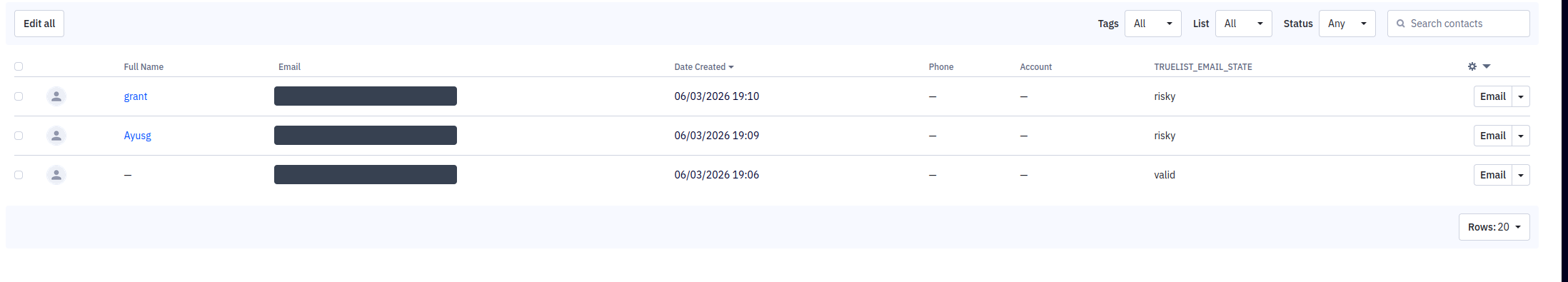 ActiveCampaign contacts table showing the TRUELIST_EMAIL_STATE column populated with valid and risky results