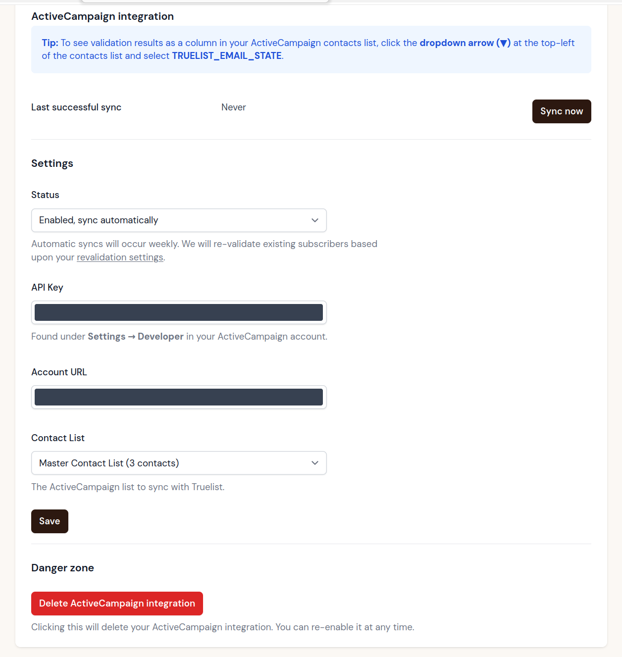 Truelist ActiveCampaign integration settings page showing sync status, API Key, Account URL, Contact List, and sync controls