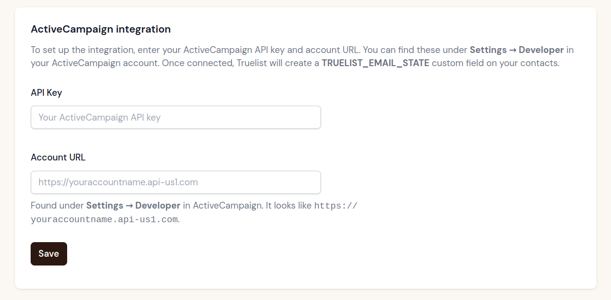 Truelist ActiveCampaign setup form for entering the API Key and Account URL