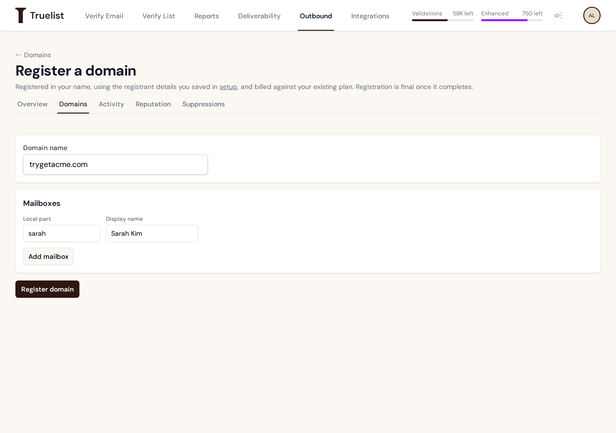 Register a domain page with a domain name field and a mailbox field for a new sendable domain