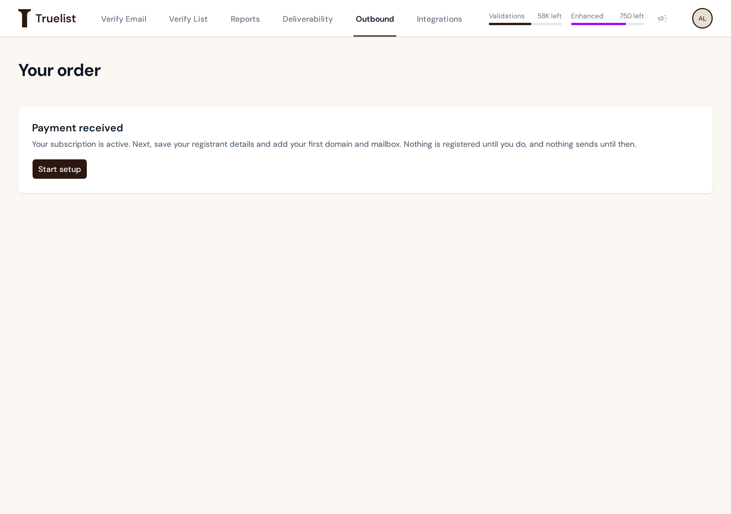 Order page after payment, showing 'Payment received' and a Start setup button