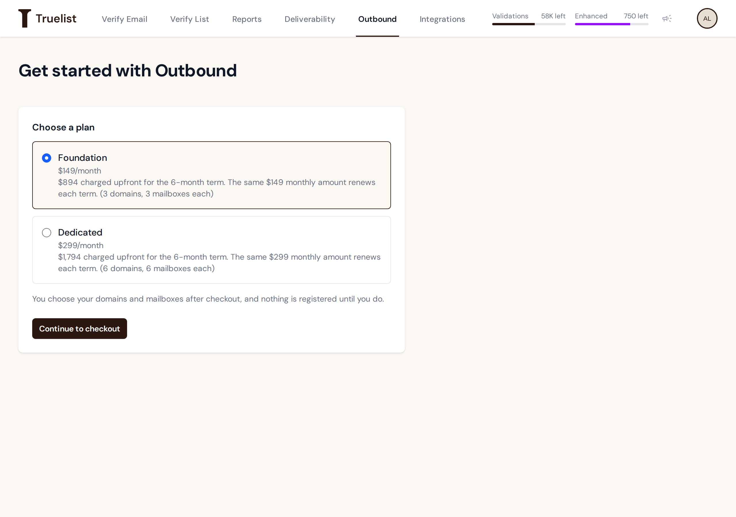 Plan picker showing Foundation and Dedicated with their prices and a Continue to checkout button