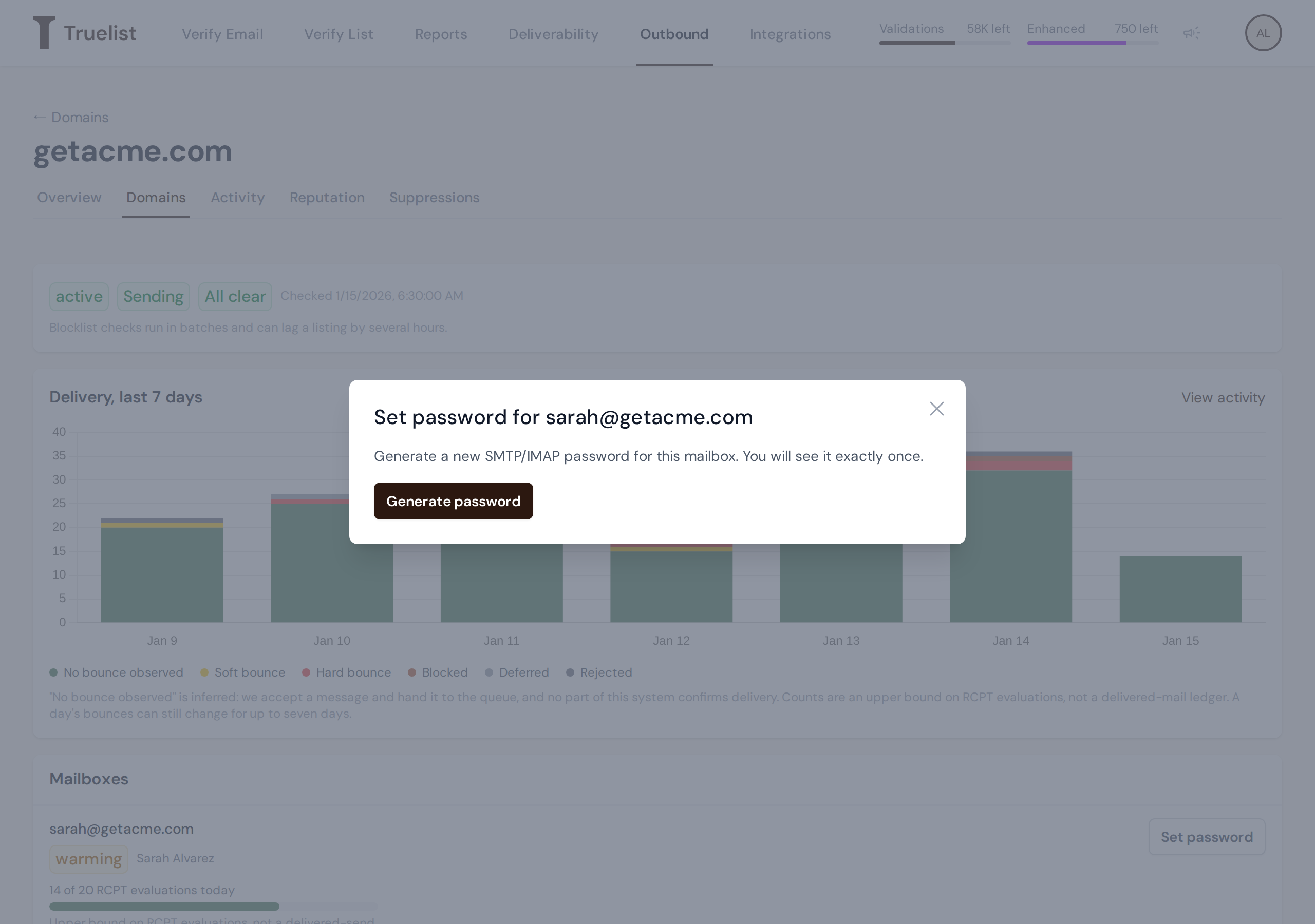 Set password dialog for sarah@getacme.com, before generating, with a 'Generate password' button