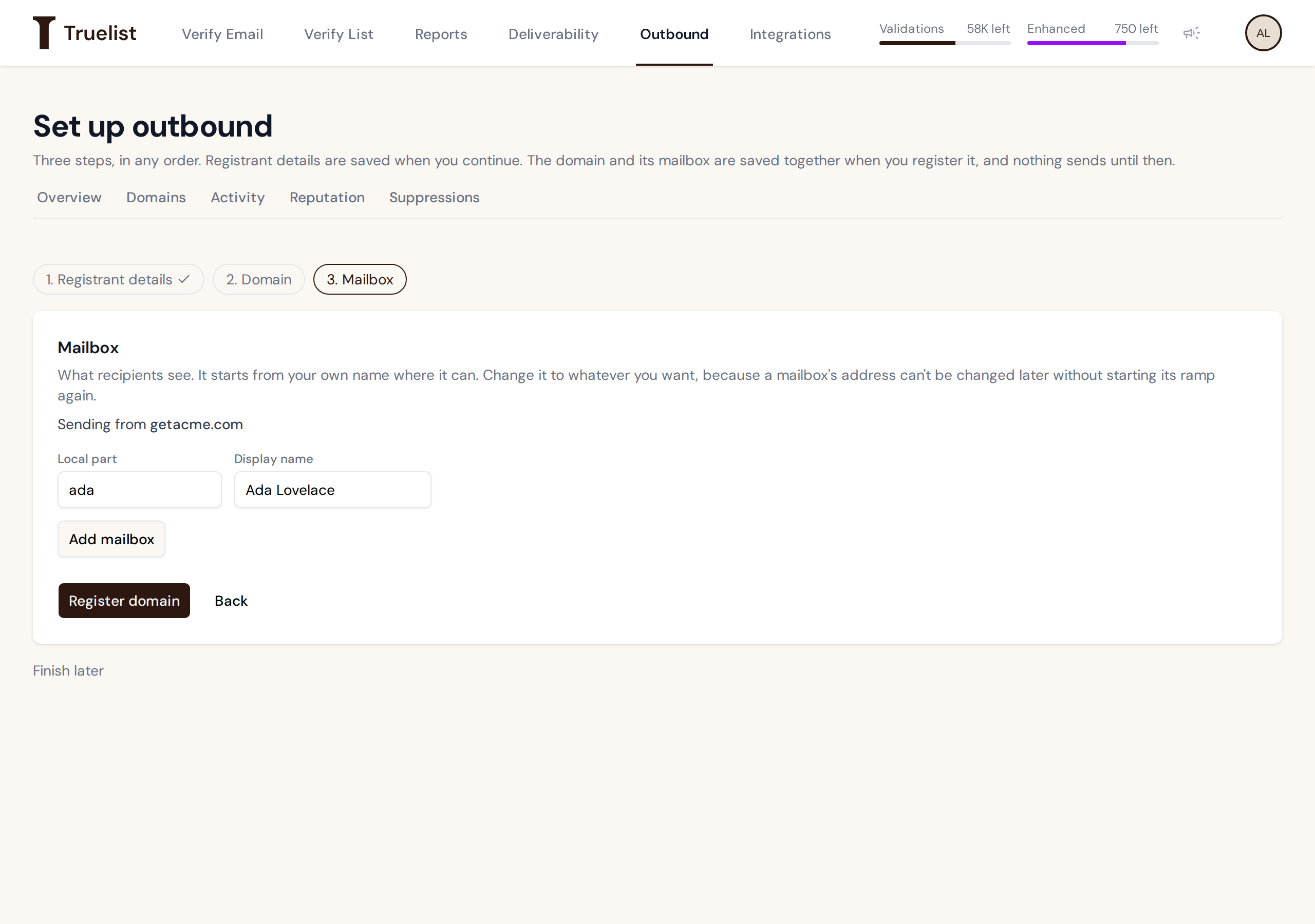 Setup step 3 with mailbox suggested as 'ada' / 'Ada Lovelace' and a Register domain button