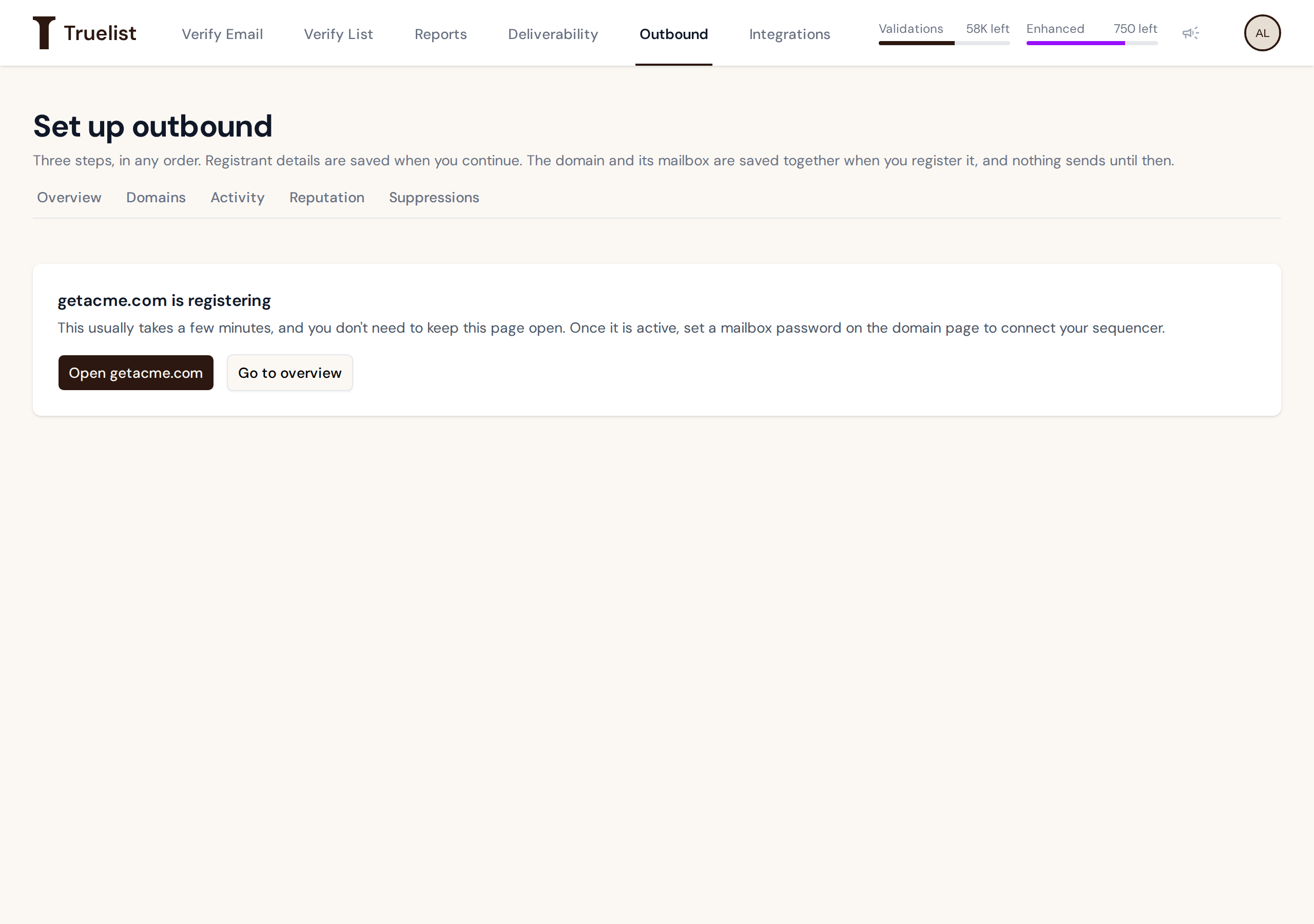 Confirmation screen showing 'getacme.com is registering'
