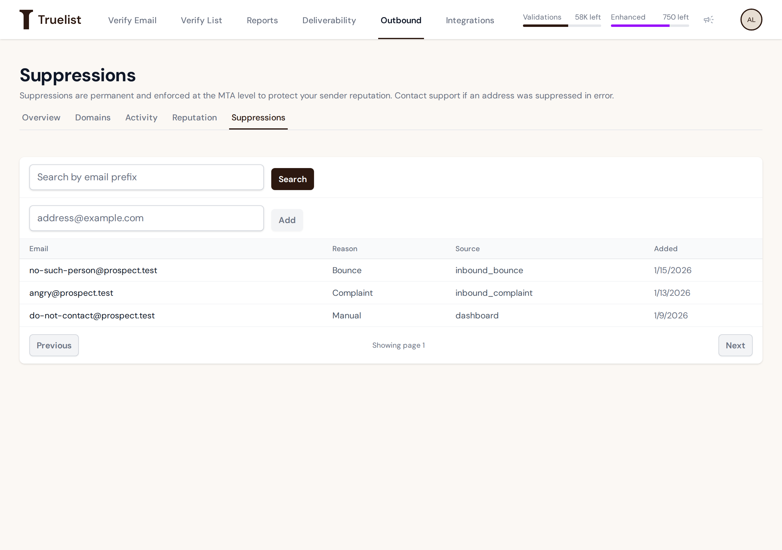 Suppressions list with a search box, an add-address box, and a table of suppressed addresses